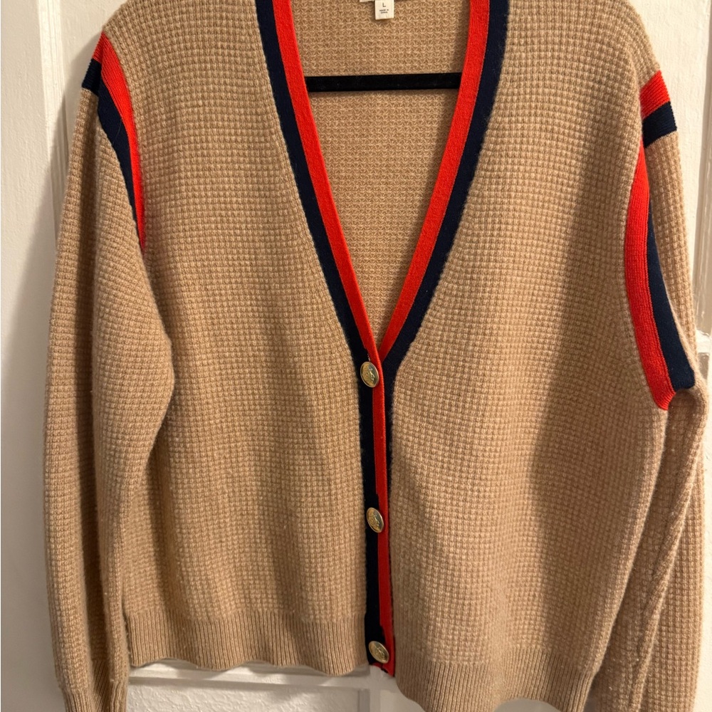 J. Crew Cashmere Tan Cardigan Sweater with Red and Navy Accents
